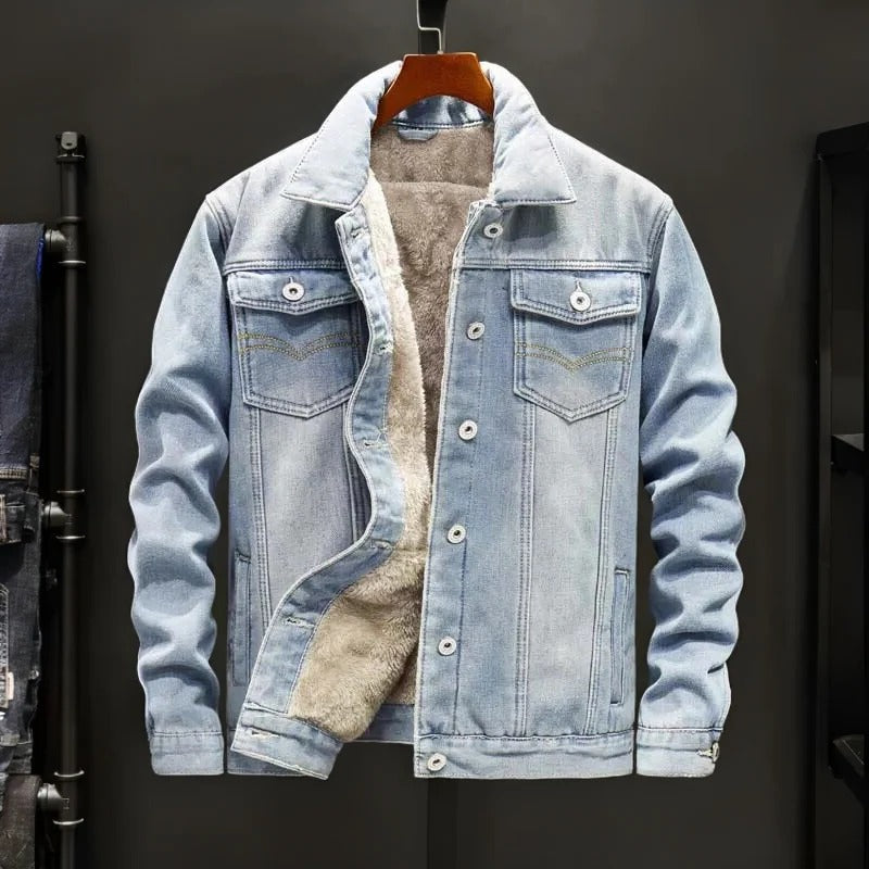 Jaqueta jeans com forro interior macio e tecido resistente ao vento