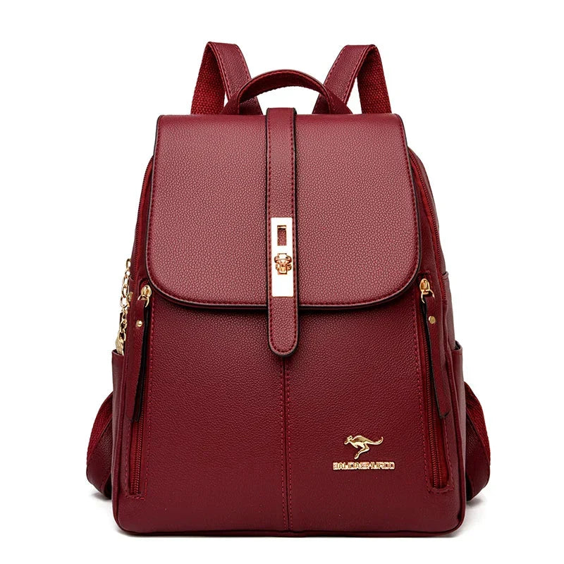 Mochila feminina minimalista couro vegano com alças acolchoadas e ferragens douradas