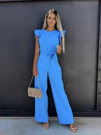 Jumpsuit mulher perna larga mangas borboleta com cinto incluído