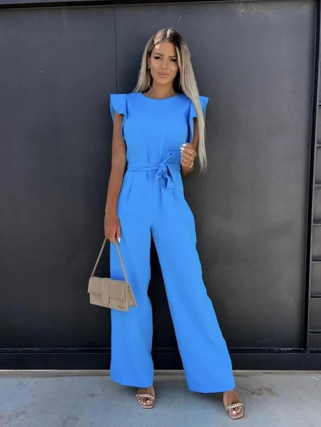 Jumpsuit mulher perna larga mangas borboleta com cinto incluído
