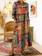 Vestido jeans feminino com patchwork étnico corte solto