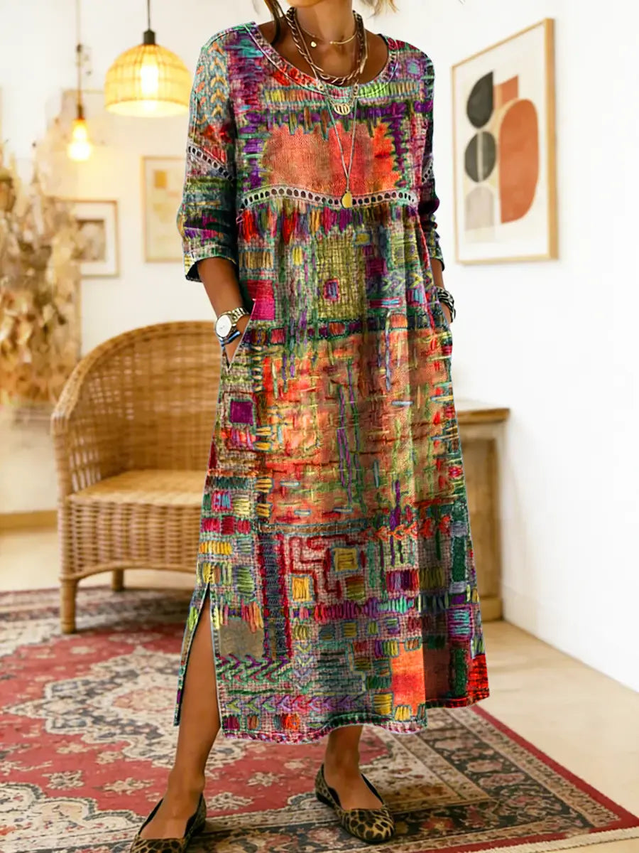 Vestido jeans feminino com patchwork étnico corte solto