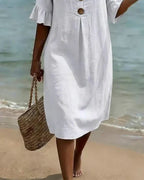Vestido midi mulher linho algodão botões corte solto verão