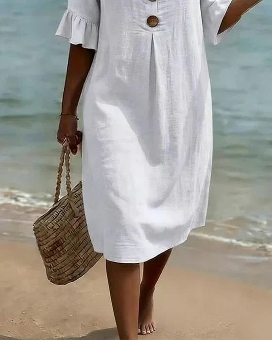 Vestido midi mulher linho algodão botões corte solto verão
