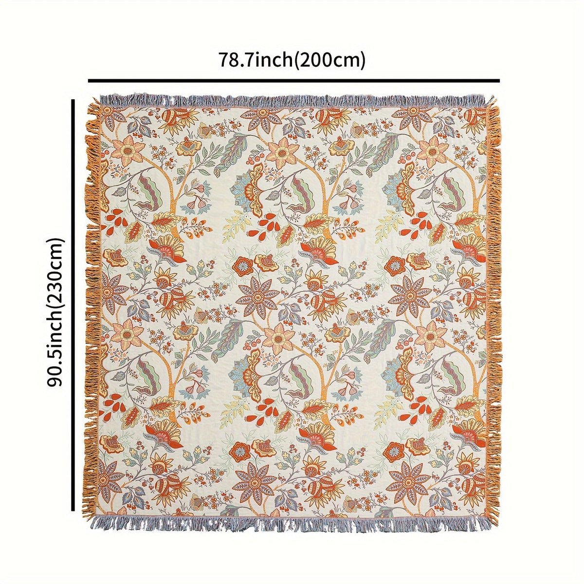 Manta de algodão com borla estilo boémio, padrão floral jacquard 200x230 cm