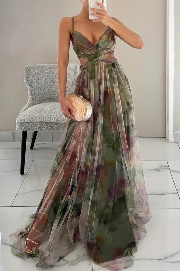 Vestido longo floral feminino com silhueta fluida e fecho ajustável