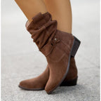 Botins slouch femininos com punho dobrável e salto bloco baixo