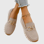 Mocassins ortopédicos femininos com palmilha acolchoada e detalhe horsebit dourado