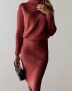 Conjunto feminino tricot gola alta com saia slim, malha premium outono inverno