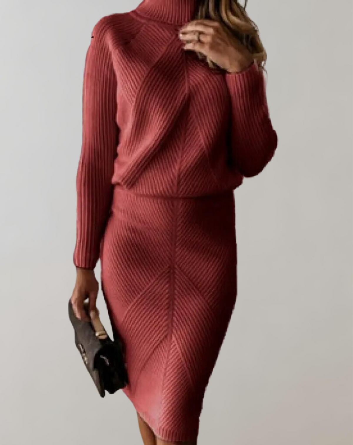 Conjunto feminino tricot gola alta com saia slim, malha premium outono inverno