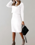 Conjunto feminino tricot gola alta com saia slim, malha premium outono inverno