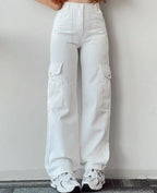 Calças cargo jeans femininas com multibolsos corte casual