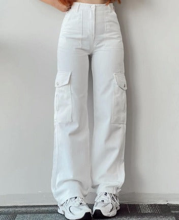 Calças cargo jeans femininas com multibolsos corte casual