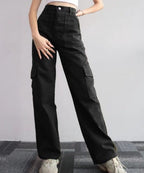 Calças cargo jeans femininas com multibolsos corte casual