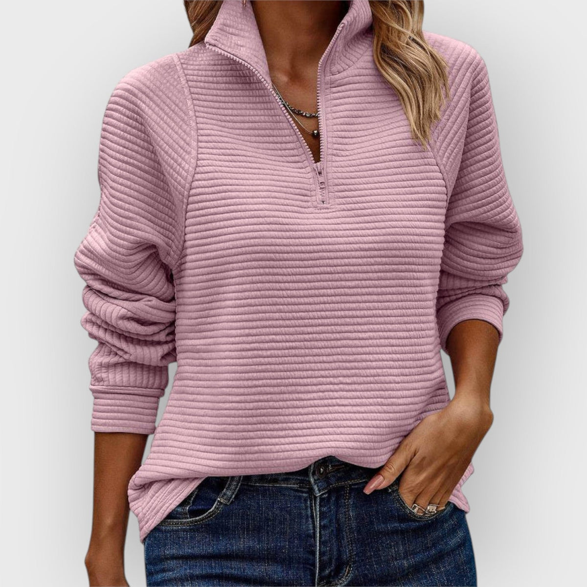 Camisola canelada feminina quarter-zip com gola, manga comprida