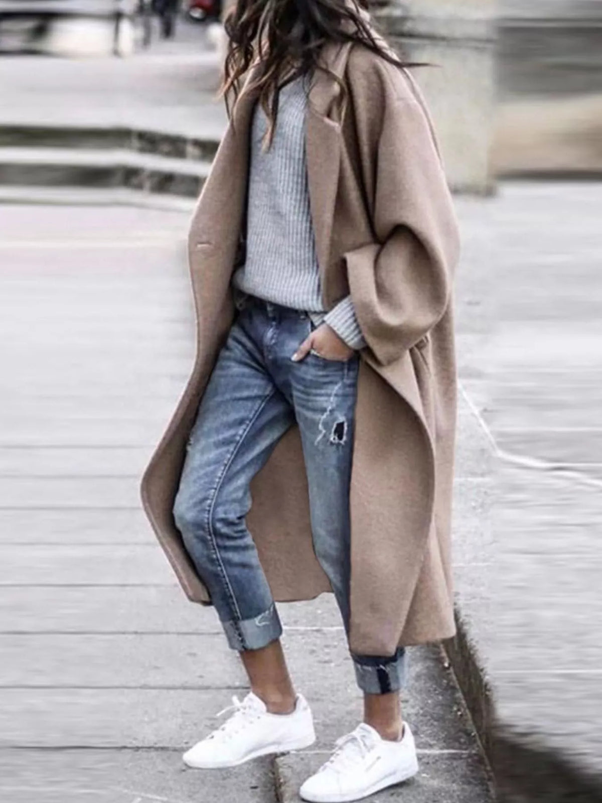 Casaco longo feminino oversized de inverno com fecho de botão único