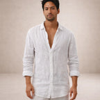 Camisa de linho homem casual manga longa corte direito