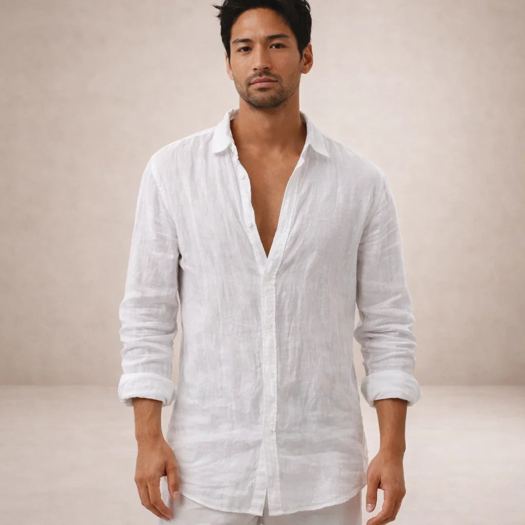 Camisa de linho homem casual manga longa corte direito