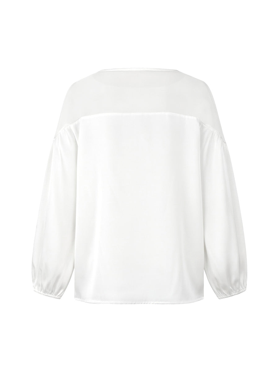 Blusa renda feminina manga bufante com aplique floral e gola redonda