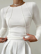 Top canelado manga longa gola redonda corte slim feminino
