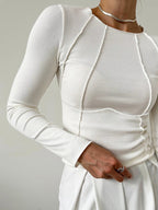 Top canelado manga longa gola redonda corte slim feminino