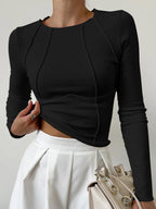 Top canelado manga longa gola redonda corte slim feminino