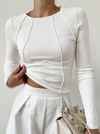 Top canelado manga longa gola redonda corte slim feminino