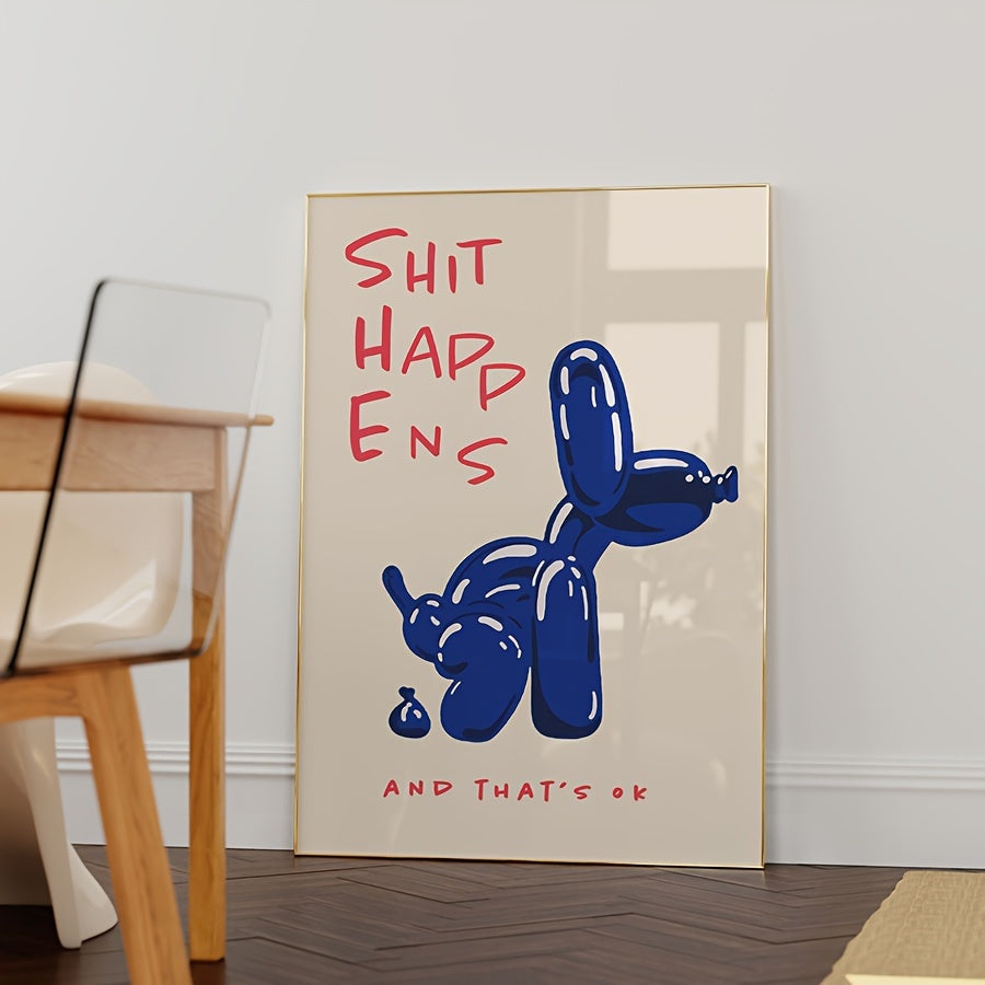 Poster em tela sem moldura com tipografia azul e vermelha e cão balão, estilo moderno