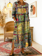 Vestido jeans feminino com patchwork étnico corte solto