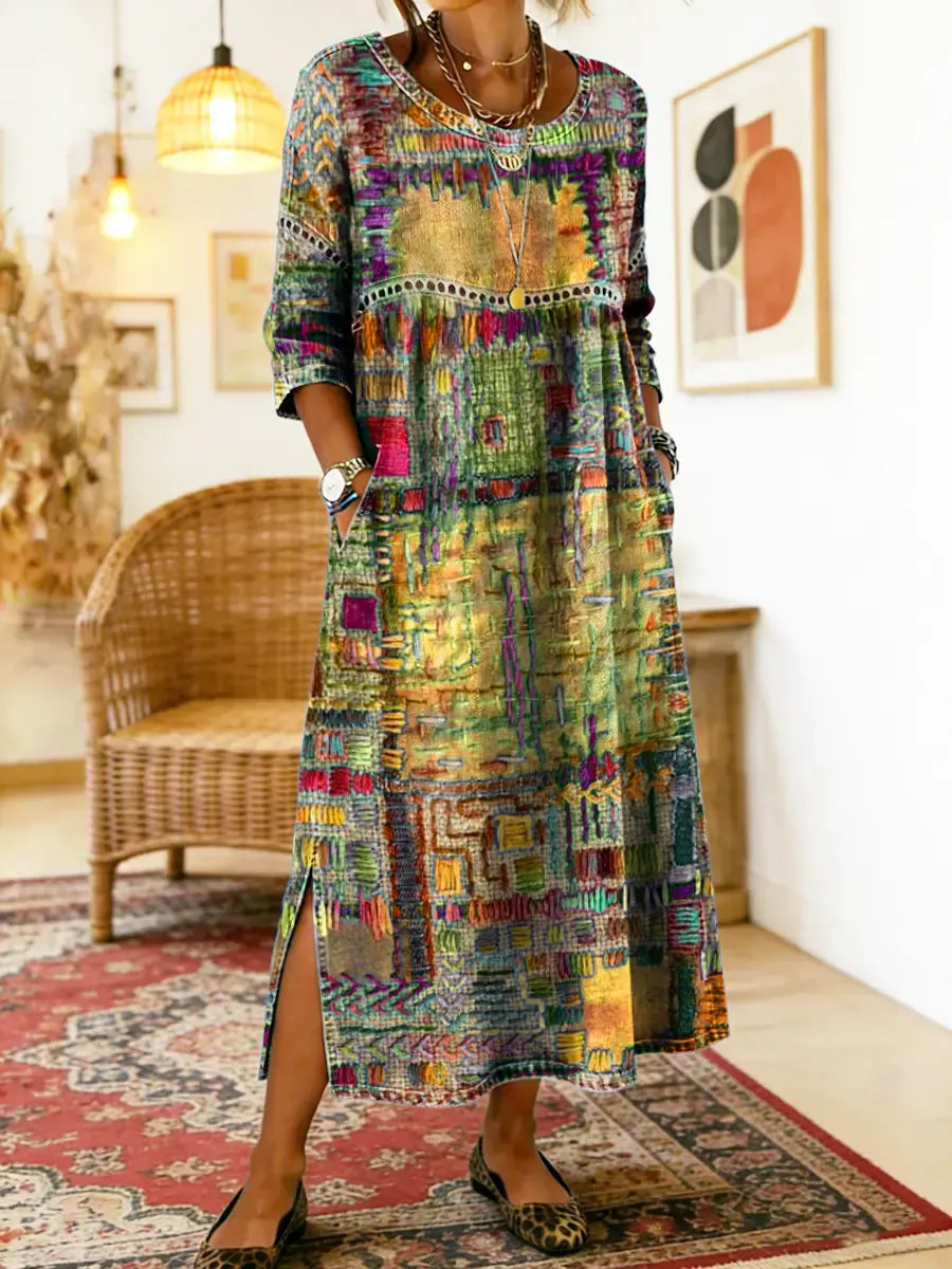 Vestido jeans feminino com patchwork étnico corte solto