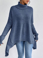 Camisola tricot mulher gola alta com drapeado assimétrico em malha macia