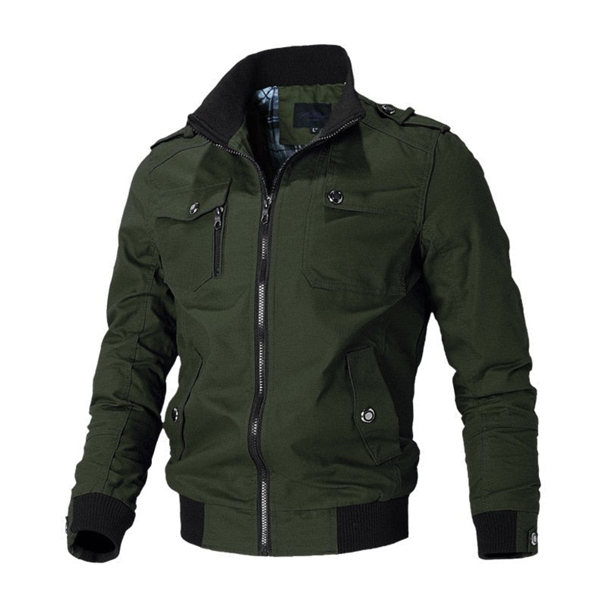 Bomber jacket homem estilo militar com bolsos zip e punhos canelados