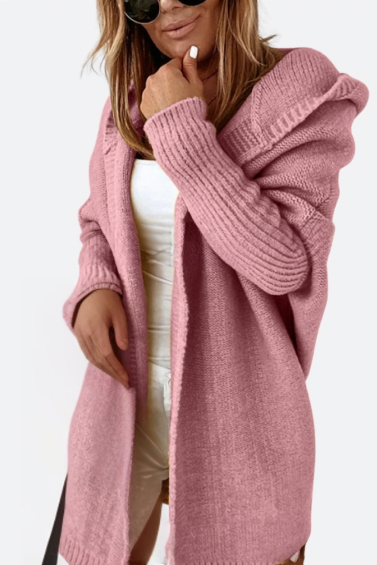 Cardigan oversize com capuz tricô feminino corte amplo