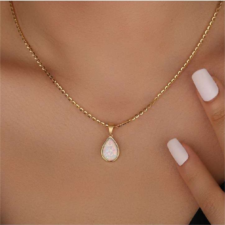 Colar pingente opala natural 18K em forma de gota, ouro minimalista elegante