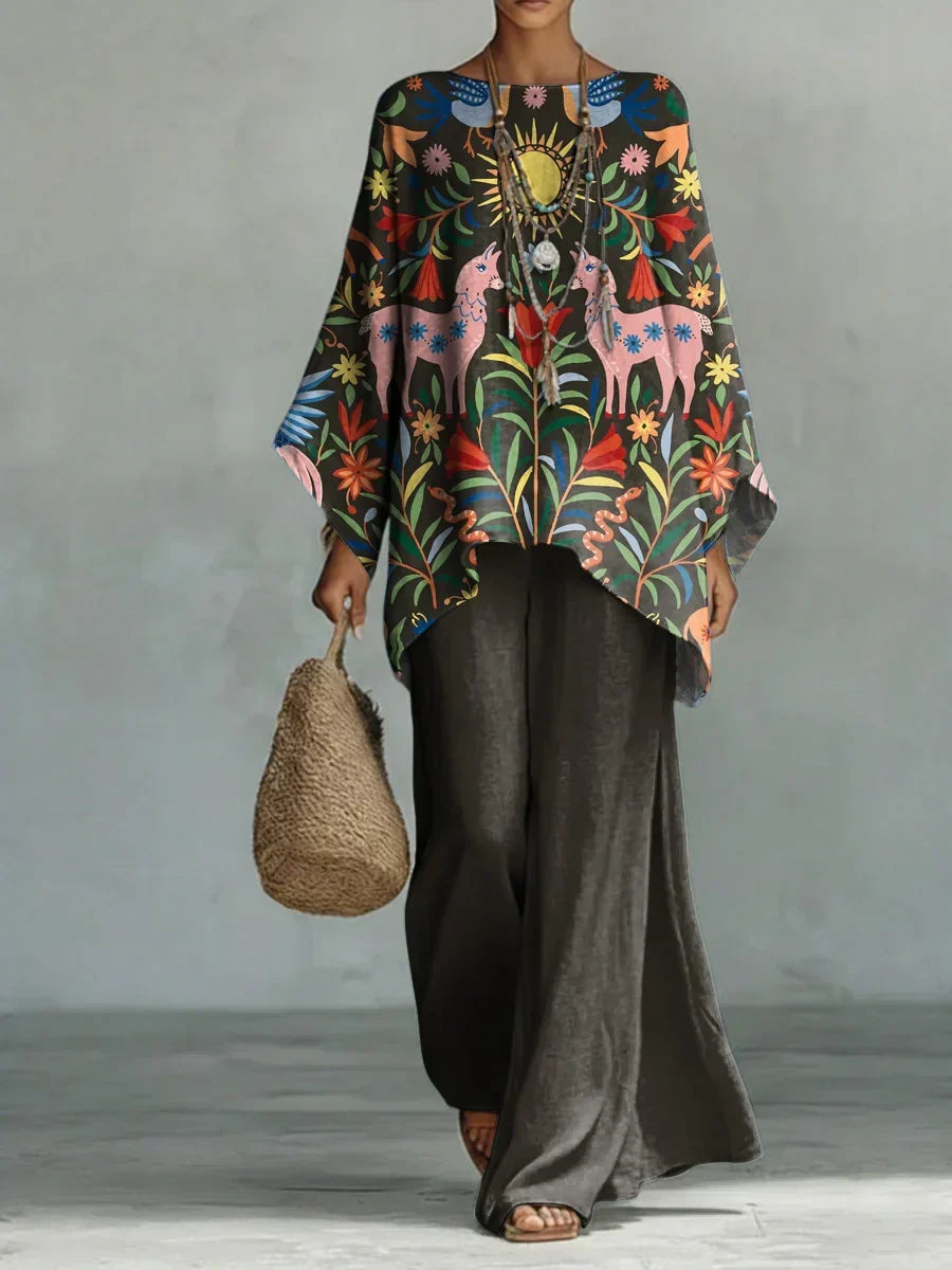 Conjunto feminino estampado confortável corte descontraído tecido leve
