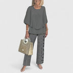 Conjunto feminino duas peças calça wide leg e blusa relaxed fit