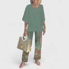 Conjunto feminino duas peças calça wide leg e blusa relaxed fit