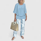 Conjunto feminino duas peças calça wide leg e blusa relaxed fit