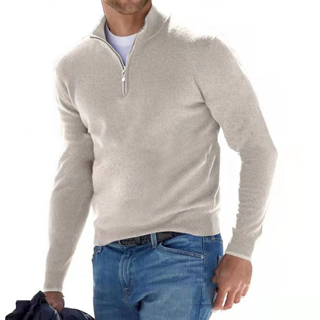 Camisola masculina merino decote em V com fecho de correr