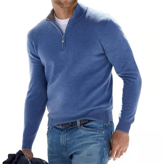 Camisola masculina merino decote em V com fecho de correr