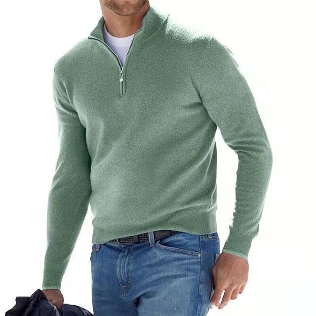 Camisola masculina merino decote em V com fecho de correr