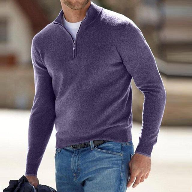 Camisola masculina merino decote em V com fecho de correr