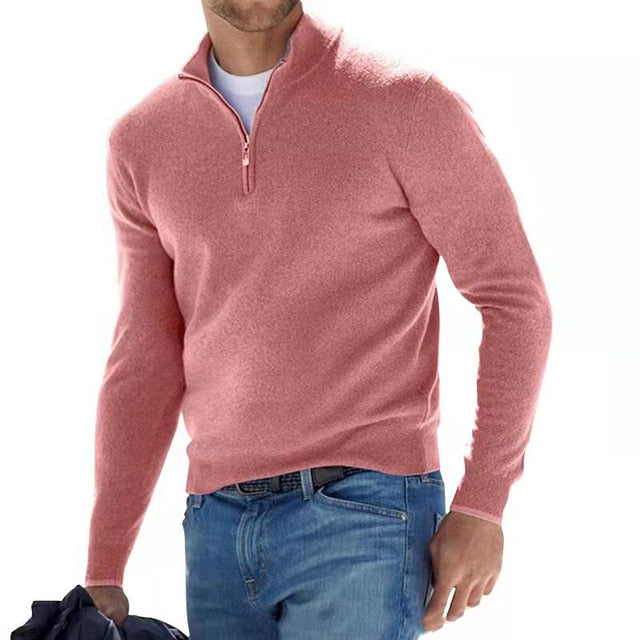 Camisola masculina merino decote em V com fecho de correr