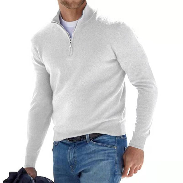 Camisola masculina merino decote em V com fecho de correr