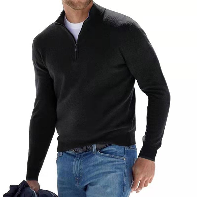 Camisola masculina merino decote em V com fecho de correr
