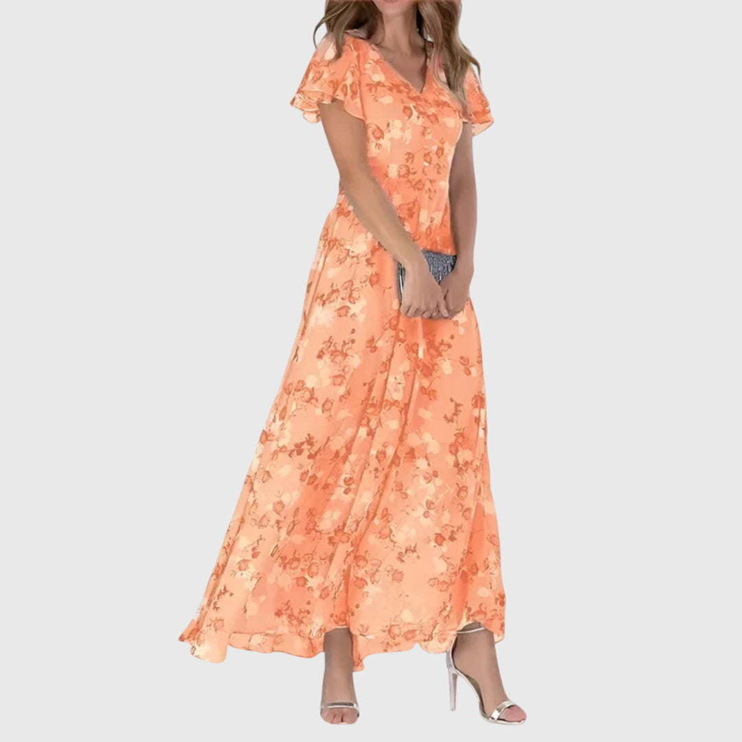 Vestido Floral Maxi Decote V Manga Flutter linha A feminino