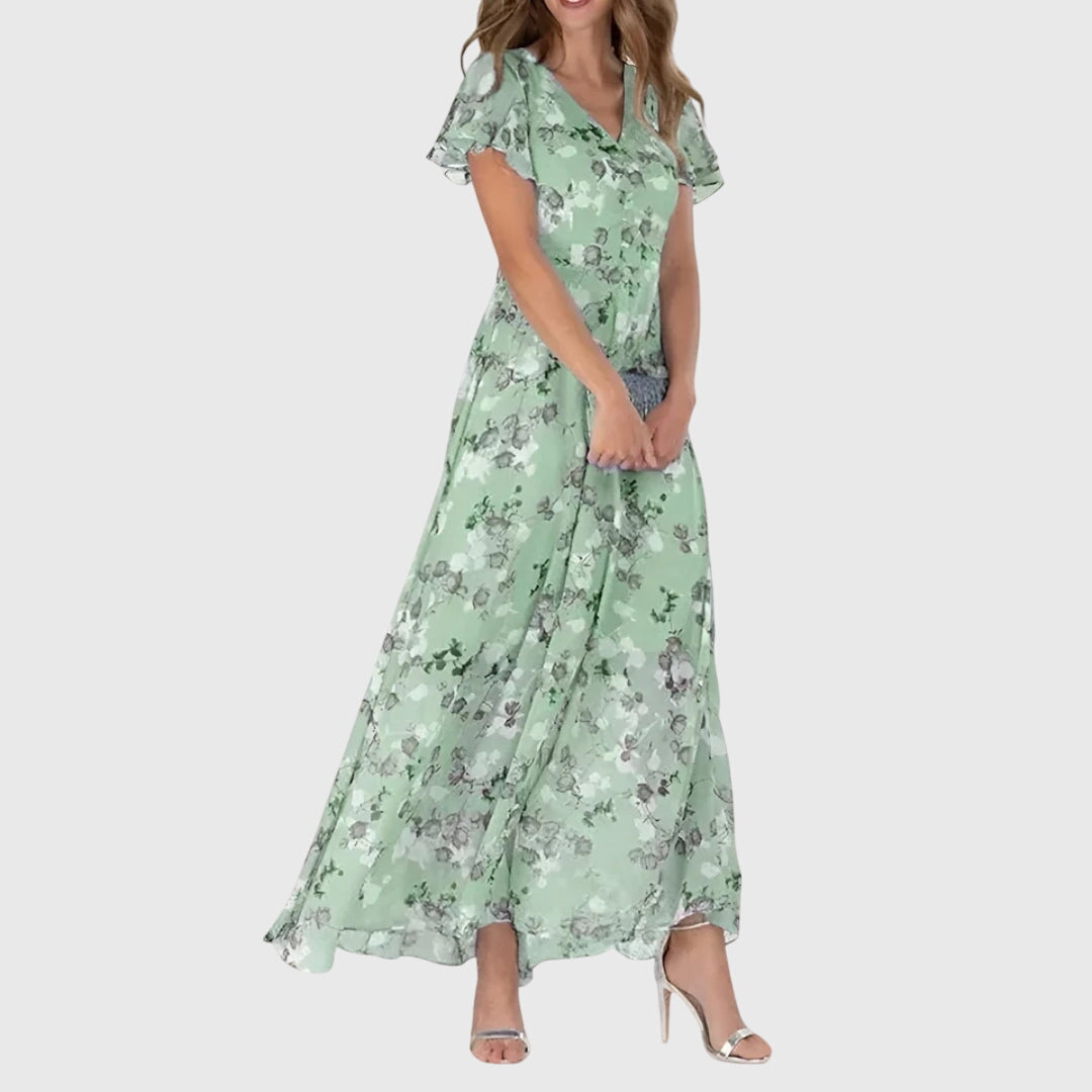 Vestido Floral Maxi Decote V Manga Flutter linha A feminino