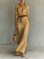 Vestido longo casual gola lapela corte fluido feminino