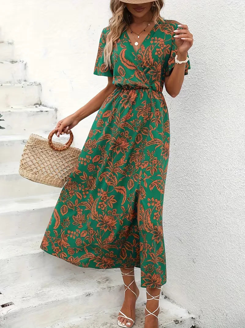 Vestido Envolvente Floral de Verão | Estampa Bohemia, Manga Curta