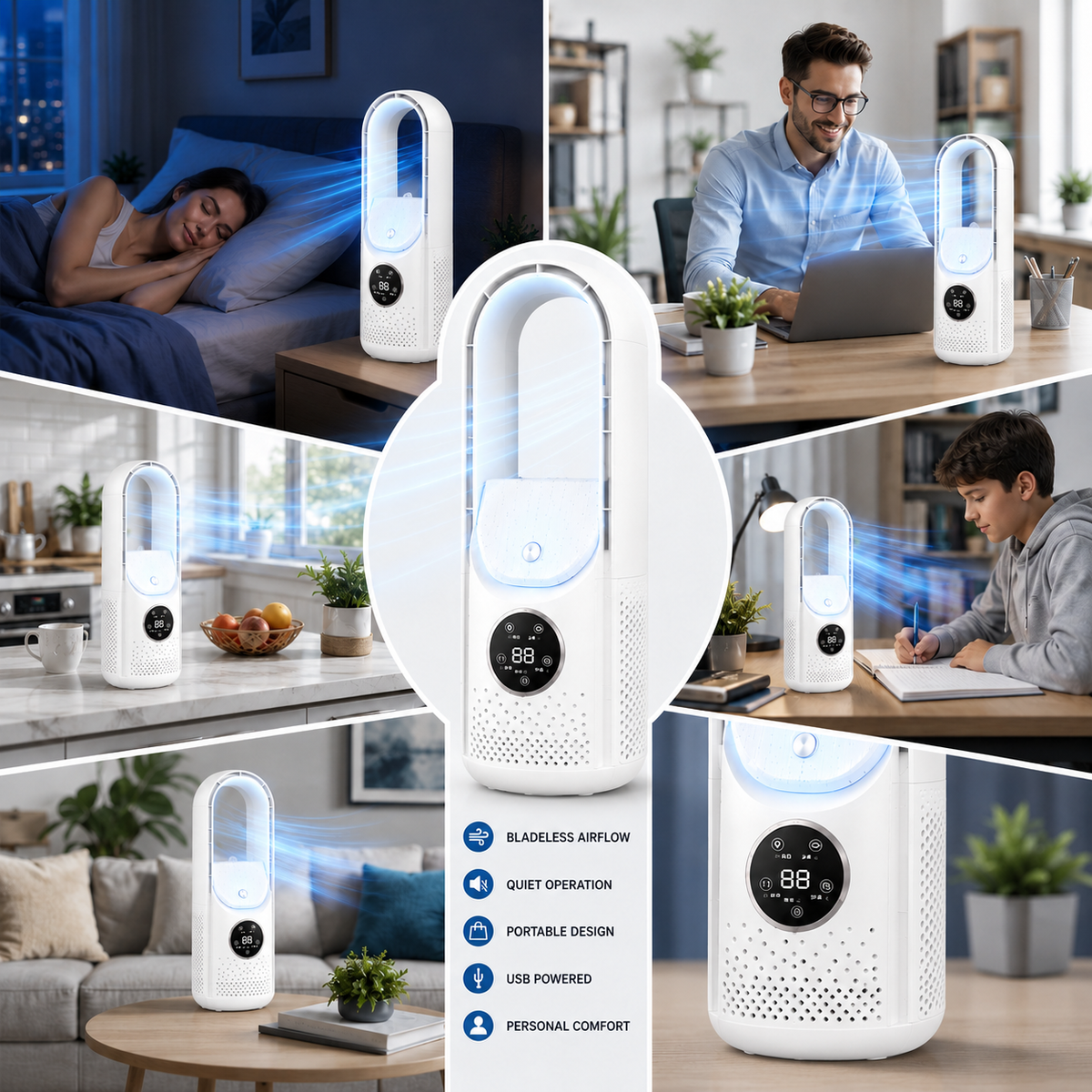 Climatizador portátil sem pás silencioso e compacto para casa e escritório